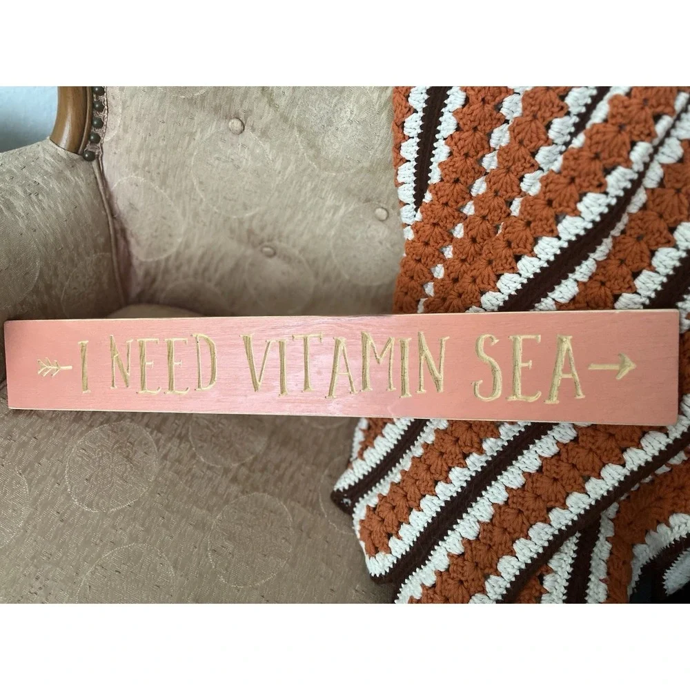 90s I Need Vitamin Sea Wood Sign arrow coral gold beach house 3x24 vacation